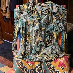 Aqua turquoise and yellow dressy ruffled lace women’s blouse by dress barnSz L.